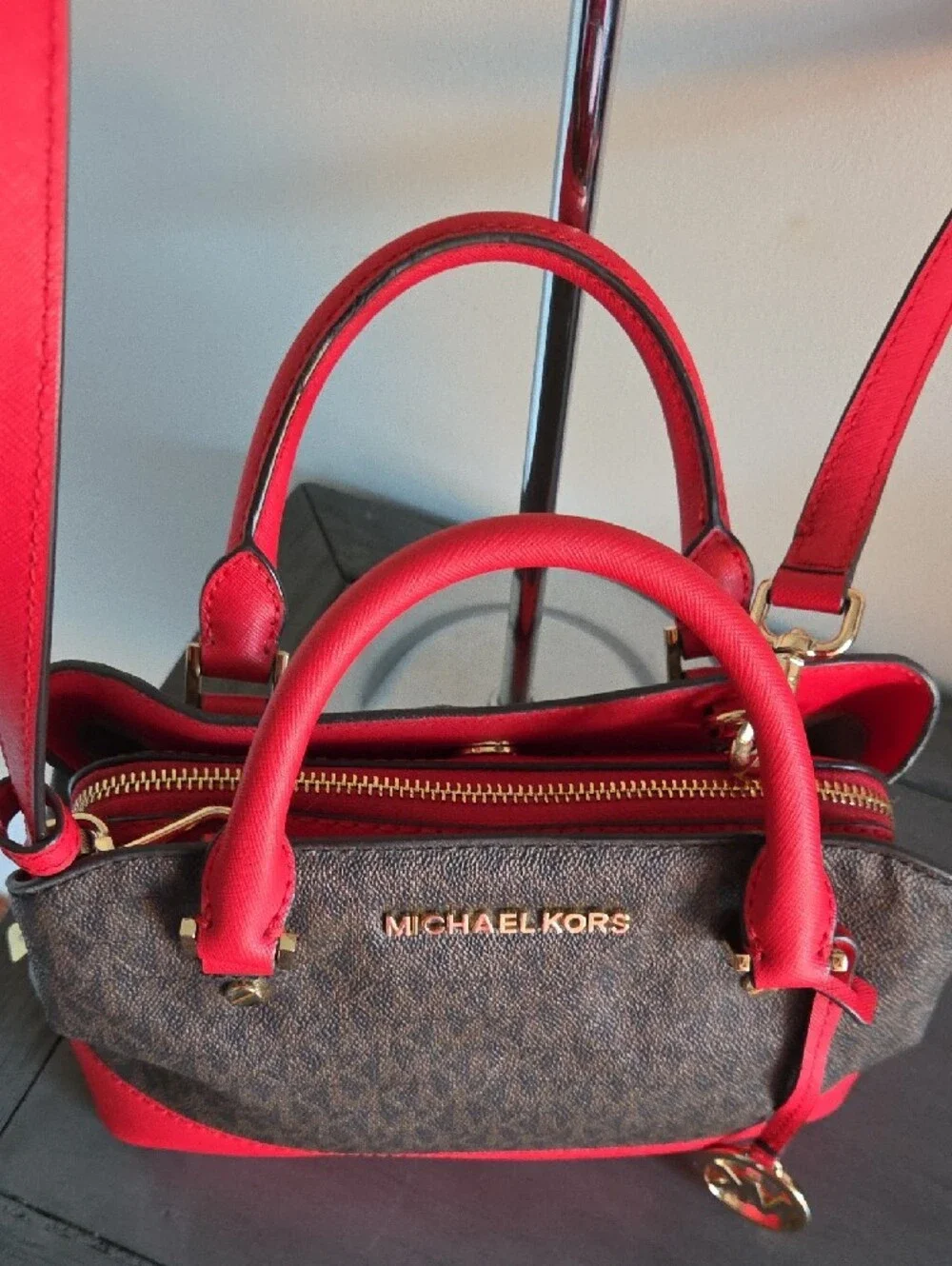 Michael Kors Savannah Small Satchel Brown Logo with Red Trim